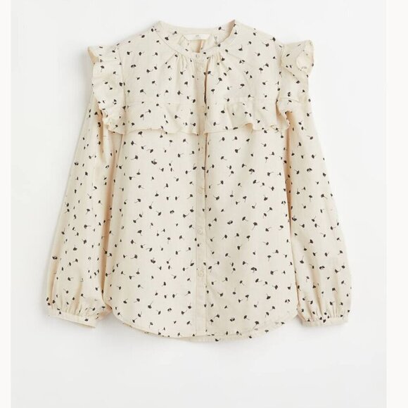H&M Flounce-Trimmed Tan and Navy Floral Button Up Linen-blend Blouse Sz: L - Picture 1 of 9